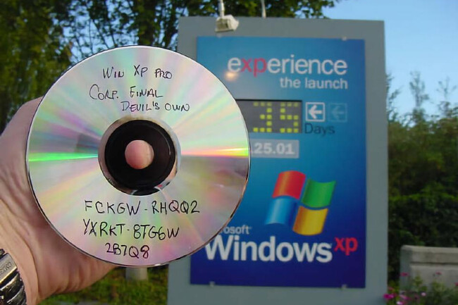 windows xp cd in front of the microsoft countdown thing, it has the xp serial fckgw